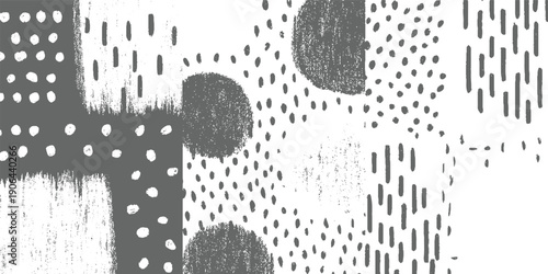 Abstract pattern of grey dots and lines on white background with textured areas circles