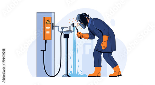 Welder in protective gear working on industrial equipment.