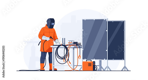 Welder in protective gear working on metal fabrication project.