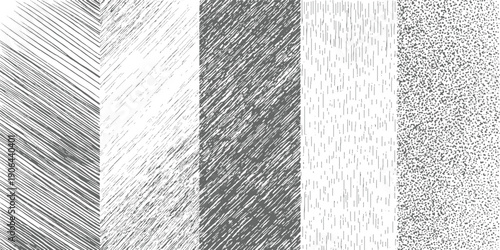 Five distinct grey and white textured patterns featuring diagonal lines vertical lines and scattered dots