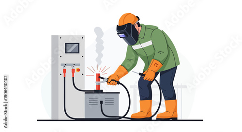 Welder wearing protective gear working on industrial equipment.