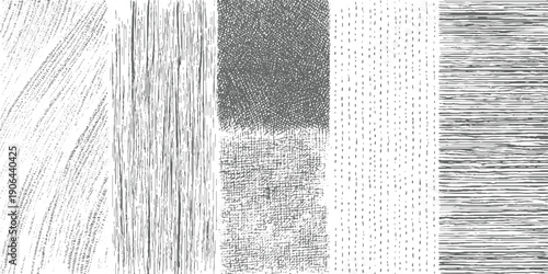 Five distinct grayscale abstract patterns featuring diagonal lines vertical strokes dense crosshatching scattered dots and horizontal lines
