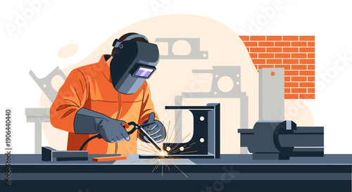 Welder wearing protective gear working on metal structure.