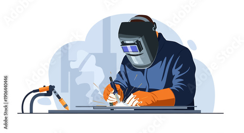 Welder wearing protective gear works on metal with welding equipment.