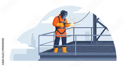 Welder working at height wearing safety gear.