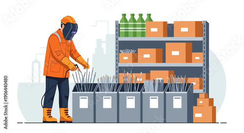 Welder Working in Industrial Warehouse with Shelving and Bins.