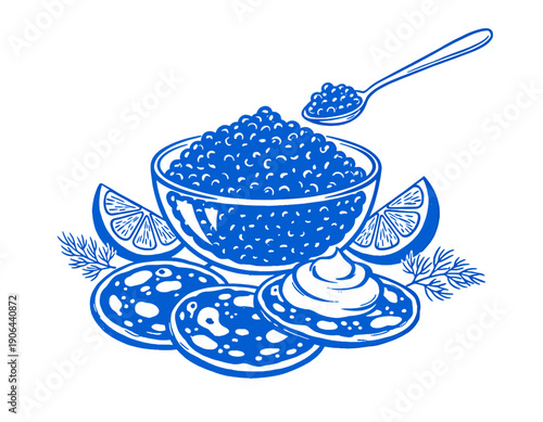 Caviar, red salmon roe, sturgeon, fish eggs, gourmet appetizer, blue monochrome illustration, bowl, spoon, blinis, pancakes, sour cream, lemon, dill, retro woodcut style