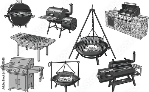 Barbecue grill collection vector, charcoal and gas BBQ equipment set, outdoor cooking appliances, detailed illustration isolated on white background