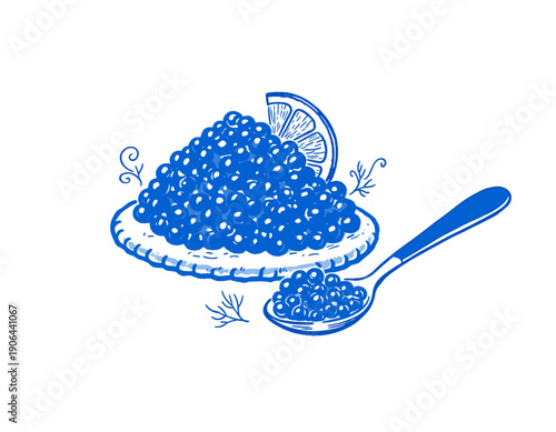 Caviar, fish eggs, roe, luxury food illustration, sketch style, gourmet delicacy, blini, spoon, lemon, vintage blue line art drawing, seafood, appetizer, expensive