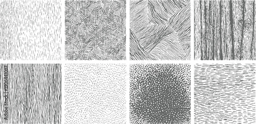 Eight monochrome hand drawn textured patterns including vertical lines wood grain dots and crosshatching