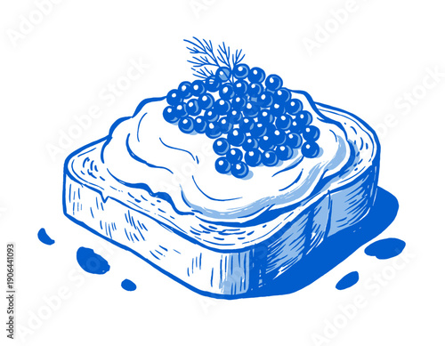 Caviar toast illustration, gourmet appetizer sketch, food engraving, blue monochrome drawing, luxury snack, fish roe bruschetta, cream cheese sandwich art, fancy breakfast, dill herb