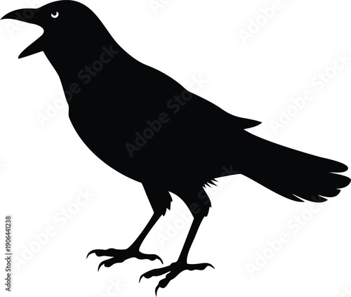 A striking black silhouette of a raven perched with an open beak