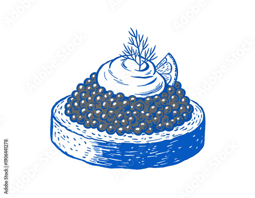 Caviar canape drawing, gourmet snack illustration, black roe toast, luxury food vintage graphic, appetizer, dill, lemon slice, rich seafood, starter, blini design