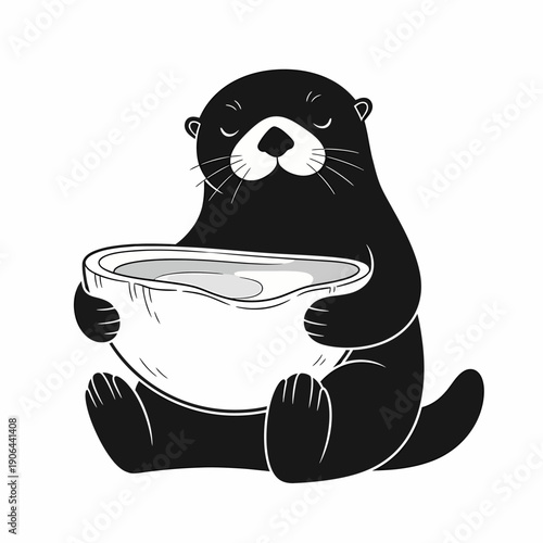 A serene otter sits upright holding a bowl with a peaceful expression in a simple black and white illustration