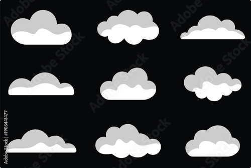 Cloud icon set. Cloud silhouette collection in cute flat cartoon style for web background. Nature sky, cloud pattern, fume or misty fog art. 