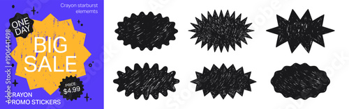 Wallpaper Mural Hand drawn crayon starburst stickers set with rough scribble texture. Vector collection of retro promo badges, explosion labels and burst seals. Torontodigital.ca