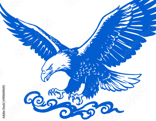 Blue bald eagle illustration, flying raptor mascot logo, spread wings, aggressive stance, power strength freedom, vintage sport graphic design, vector stencil art, wild bird, patriotic symbol