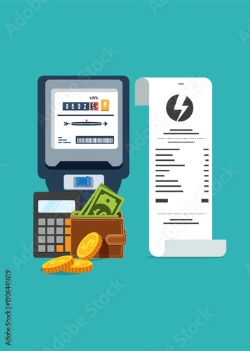 Illustration showing electricity meter, billing receipt, calculator, and wallet with cash, symbolizing energy costs, usage, and payment management.