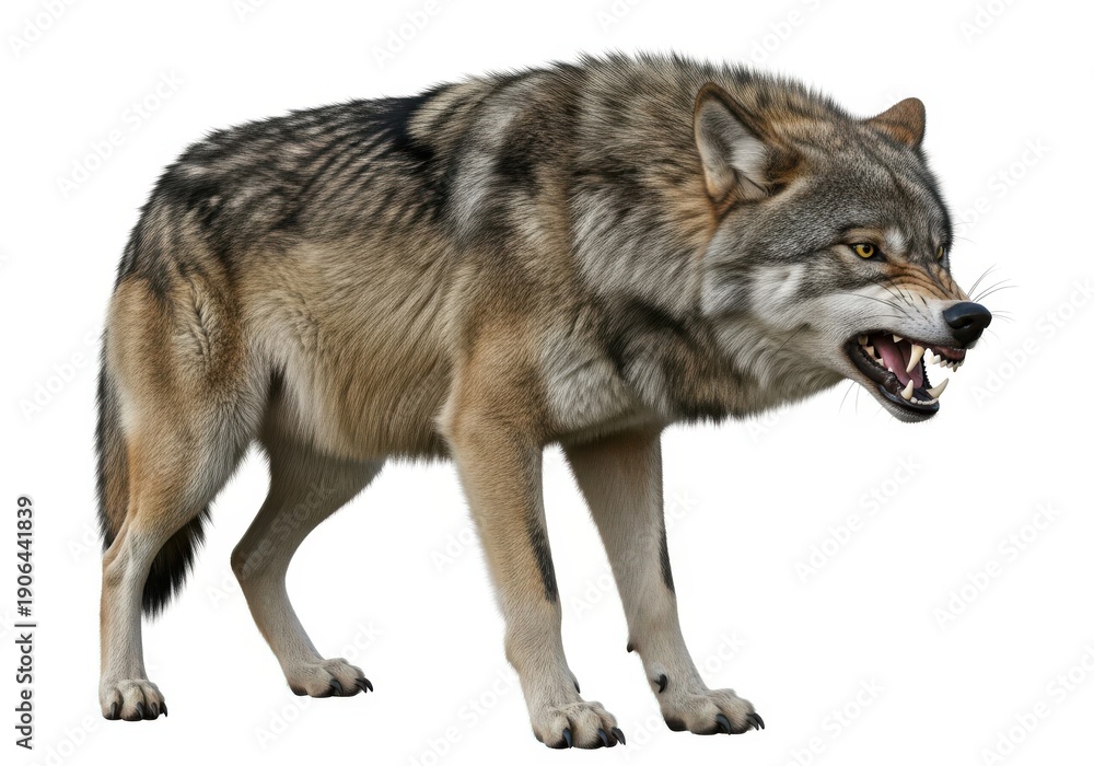 Obraz premium Fierce gray canine animal stands with bared teeth against white background