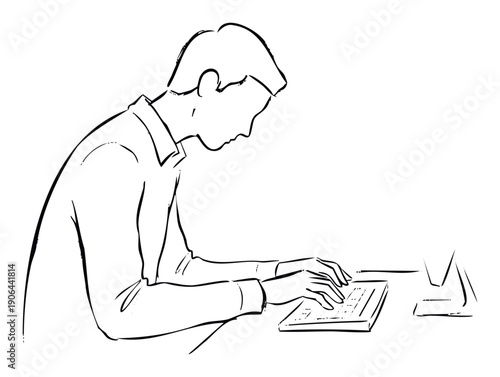 Man working diligently at a desk with focused concentration while typing on a computer keyboard, ideal for business, technology, education, or office productivity themes.