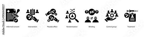 Clinical Study Methodology web banner featuring Informed Consent, Intervention, Placebo Effect, Randomization, Blinding, Control Group, and Treatment.