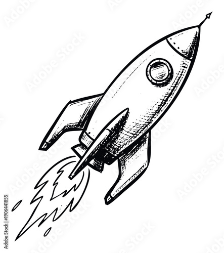 Energetic graphic of a stylized rocket launching skyward with propulsion flames, perfect for projects symbolizing startup growth, space exploration, technological advancement, or