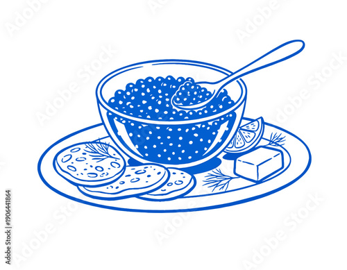 Caviar service, black caviar in a bowl with spoon, gourmet food illustration, blinis, butter, lemon slice, luxury appetizer, seafood, monochrome blue graphic art