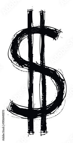 A grunge dollar sign symbol with a rough brushstroke texture conveys financial concepts and economic value for businesses, marketing, and monetary content.