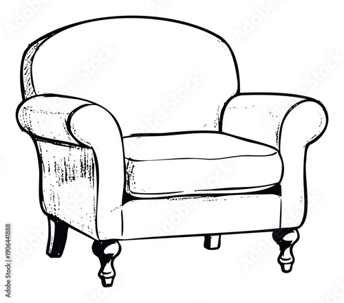 Stylized hand drawn upholstered armchair featuring elegant curves and turned legs, perfect for antique furnishing references, interior design layouts, or decorative graphic elements.