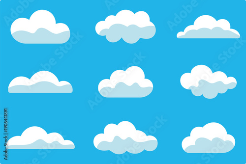 Cloud icon set. Cloud silhouette collection in cute flat cartoon style for web background. Nature sky, cloud pattern, fume or misty fog art. 