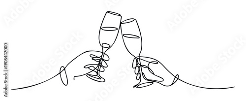 A minimalist continuous line drawing depicting two hands making a toast with champagne glasses, perfect for conveying celebration, partnership, or success in marketing materials and event