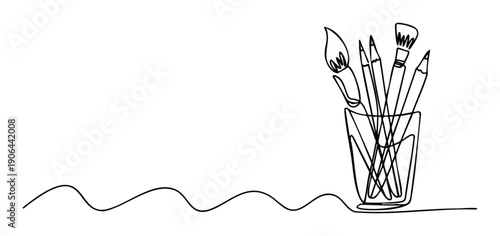 Minimalist continuous line drawing showcasing various artist tools including brushes and pencils held in a glass, perfect for inspiring creativity and decorating studios or educational