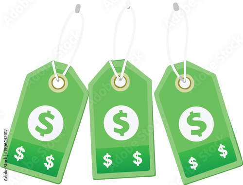 Three green price tags display a dollar sign indicating sales and discounts