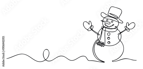 Joyful single line drawn snowman wearing a top hat scarf and mittens for winter season holidays celebrations and festive graphic projects
