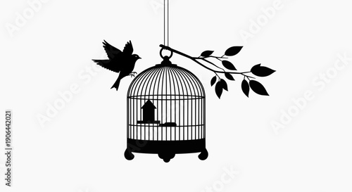 A minimalist black silhouette of a birdcage with a flying bird and a branch