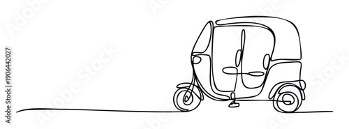 Continuous line drawing of a three wheeled auto rickshaw or tuk tuk vehicle, ideal for travel and tourism promotions, cultural content, or urban transportation themed visuals.