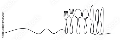 Continuous line drawing of various kitchen utensils including forks spoons and knives perfect for restaurant branding food related promotions or culinary blog graphics