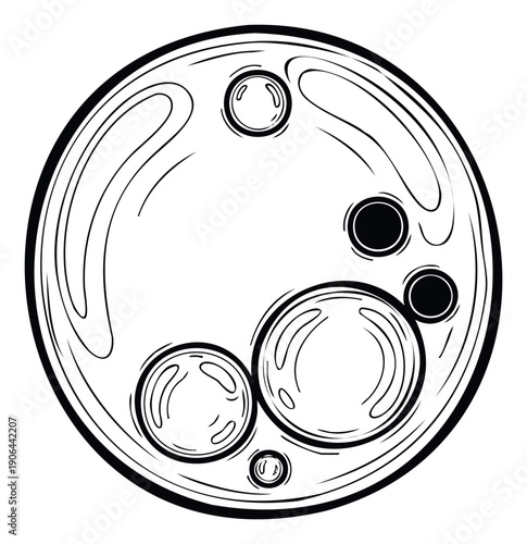 Bold black and white outline drawing depicting a stylized moon or planet with craters and swirling surface lines, ideal for modern graphic design, educational content, or cosmic branding.