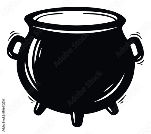 Classic black cauldron graphic symbol representing magic potions, ancient cooking, and Halloween spooky traditions, ideal for seasonal events and mystical themes branding