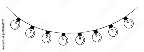 Handdrawn outline of a curved string light garland with multiple bulbs, perfect for festive holiday decorations, party invitations, or event branding graphic resources