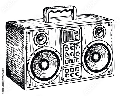 Hand drawn graphic representation of a vintage portable stereo system with speakers and control panel, ideal for music themed merchandise, album covers, or event promotions.