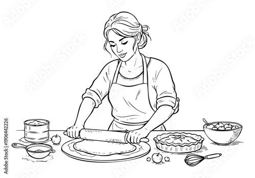 A woman is preparing homemade apple pie dough using a rolling pin on a kitchen table with ingredients around, perfect for culinary blogs and recipe guides