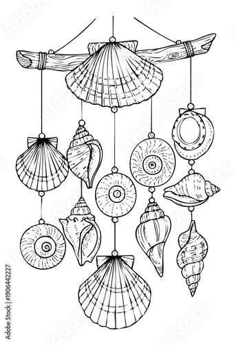 Seashell wind chime suspended from driftwood, featuring various ocean shells and conchs, perfect for coastal decor, beach house themes, or maritime projects