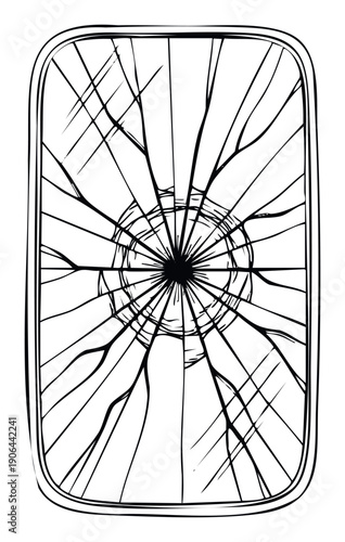 Black and white graphic depicting a cracked screen with shattered glass effect and radial fractures from a central impact point, suitable for tech damage concepts or destruction overlays.