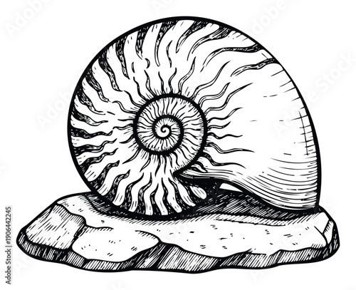 Intricate spiraling snail shell drawing captures natural beauty and a vintage aesthetic perfect for marine biology publications, decorative prints, or educational resources