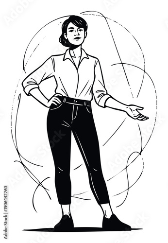 Dynamic black and white depiction of a selfassured woman in smart casual attire gesturing openly, suitable for educational content and advertising campaigns