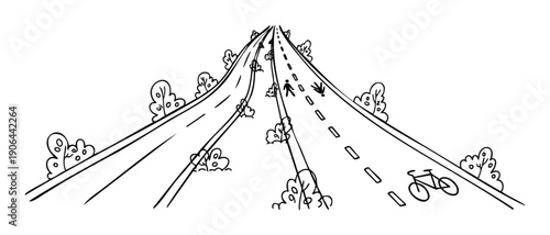 Black and white handdrawn road diverging into two distinct paths, one for cars and another dedicated for cyclists and pedestrians, ideal for concepts about choices, travel routes, or urban