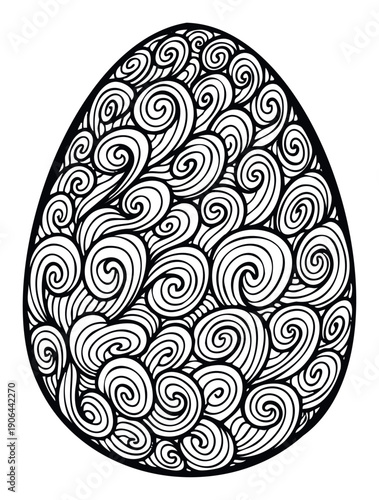 Decorative Easter egg shape filled with intricate swirling lines and organic curls perfect for holiday celebrations, coloring activities, or graphic design projects