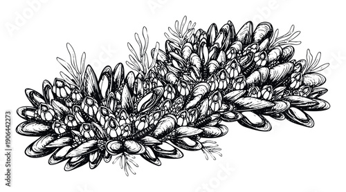Detailed hand drawn ink style illustration of a cluster of mussels or barnacles with aquatic plants, perfect for marine biology publications, seafood restaurant menus, or oceanic themed