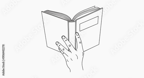 A minimalist line art illustration of a hand holding an open book